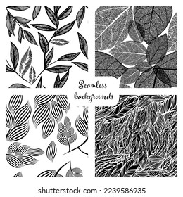 Set of graphic background. Monochrome seamless pattern of tree twigs. Hand drawn botanical ink illustration with floral motif. Hand drawn black print for fabric, wrapping paper, wallpaper design