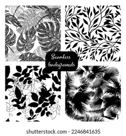 Conjunto de fondo gráfico. Patrón monocromo sin fisuras de las ramas de los árboles. Ilustración de tinta botánica dibujada a mano con motivos florales. Impresión negra dibujada a mano para tela, papel envolvente, diseño de papel pintado