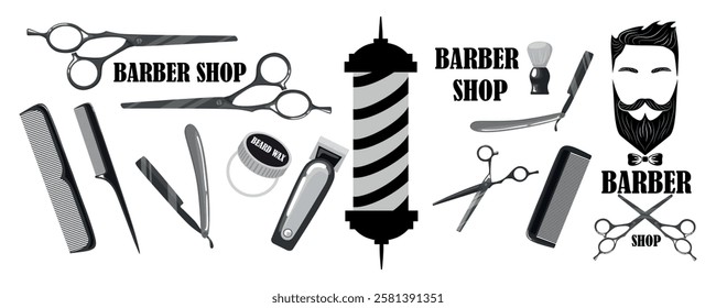 Set of graphic barber shop tools in cartoon style. Vector illustration of modern barber shop equipment: barber pole, scissors, beard wax, trimmer, razor, brush, combs, isolated on white background.