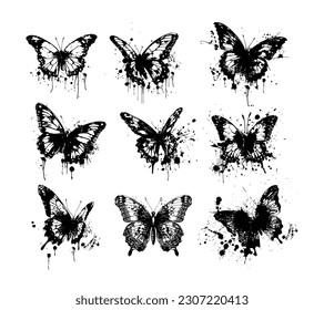 Conjunto de mariposas negras gráficas. Blobs al estilo del graffiti . Ilustración del vector