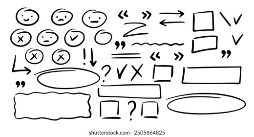 Set of graphic black elements of scribbles, notes, underlines, frames, highlights, accents, emotions on margins of summary, text document. Vector hand-drawn illustration on an isolated background.