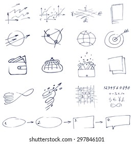 Set of graphic black and white hand-drawn elements for business, finance strategy