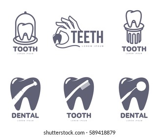 Set of graphic, black and white tooth, dental care logo templates, vector illustration isolated on white background. Stylized graphic tooth, dental care logotype, logo design