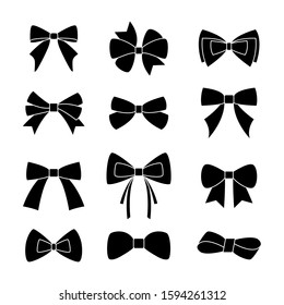 Set of graphic bows. Black silhouettes of bows on a white background. Bows for holiday gifts.