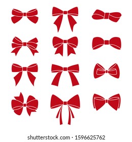 Set of graphic bows. Red silhouettes of bows on a white background. Bows for holiday gifts. Set of red bows for Christmas and birthday celebration.