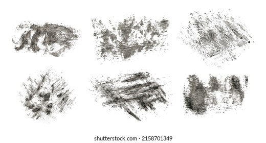 Un conjunto de pinceles gráficos. Grunge denso de textura vectorial. Separe sobre un fondo blanco. Escrates, manchas de pintura, calumnias. Tinta. Efecto de cosecha.