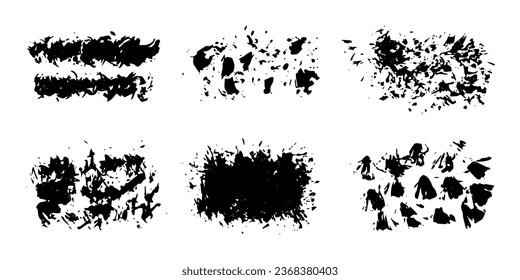 Conjunto de pinceles gráficos. Grunge textura vectorial. Aisló un fondo blanco. Textura artística de trazos de pincel de tinta, manchas de salpicadura, llamadas.