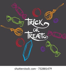 Set of graphic candies, bonbons and sweets.Halloween design elements with Trick or Treat lettering