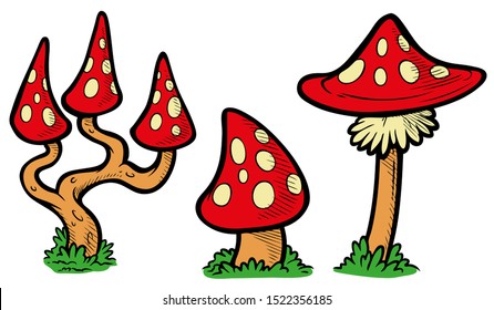   
Set of graphic cartoon mushrooms  with red doted hat. Isolated on white background.