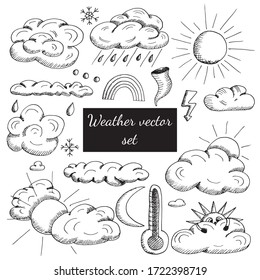 Set of graphic clouds, sun, thermometer, lightning, rainbow, moon, snowflakes, rainy weather, forecast. Vector hand drawn illustartions in sketch style. Concept of weather conditions prediction