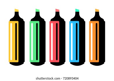 Set of graphic colorful flat office markers highlighters with shadows