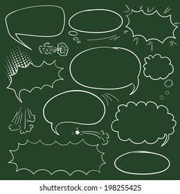 Set of graphic comics speech bubbles, vector templates clouds for text, chalk drawings on green school board