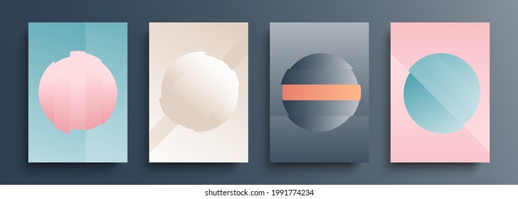 Set of graphic cover templates with round spheres. Futuristic abstract backgrounds with soft color gradient geometric split shapes. Vector illustration.