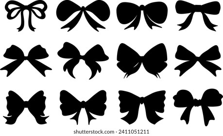 Set of graphic decorative bows. Ribbon bow gift black icon. Vector set