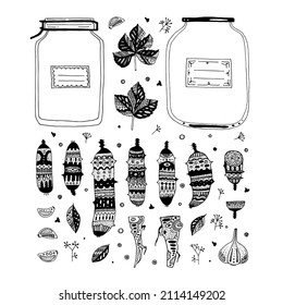 Set of graphic decorative elements on the theme of canning cucumbers