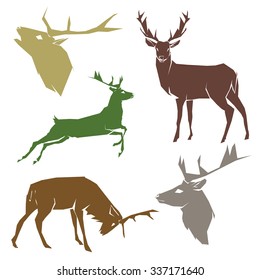 Set of graphic design deer silhouette with horns color on white background. Vector illustration