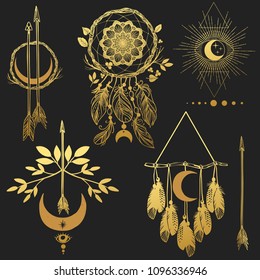 Set of graphic design elements in bohemian style. Vector templates for flash tattoo, stickers and other