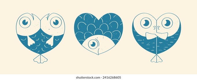 Conjunto de elementos de diseño gráfico. Los peces de dibujos animados se dibujan en forma de corazón. Pescado bellamente texturado - corazones aislados en un fondo blanco. Vector humorístico ilustrativo de dos colores con motivo retro.