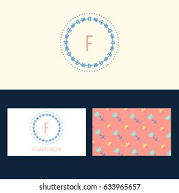Set of graphic design elements, logo design and business card templates and flowers pattern in trendy linear style. Element for floral shops,cosmetics packaging, beauty and spa studios.