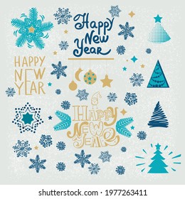 A set of graphic design elements for the design of a New Year's card. Lettering text: Happy New Year, snowflakes, designer Christmas trees, stars and balloons 