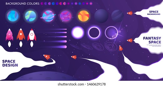 A set of graphic design elements for web pages, brochures, flyers, templates.  Collection of space objects.  Rockets, planets, places for text, stars, asteroids, gradient samples, background colors