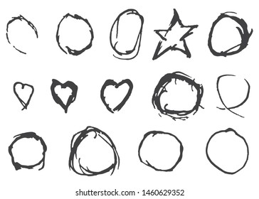 A set of graphic design elements for web pages, brochures, flyers, templates.  Grunge Dudle Round Frames, Star And Heart.  Collection of annotations for text