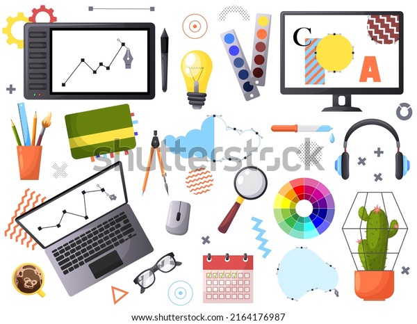 Set of graphic design elements for\
workspace. Collection of architect designer tools, objects, icons.\
Set instruments for creative drawing idea. New art business\
concept. Flat vector\
illustration