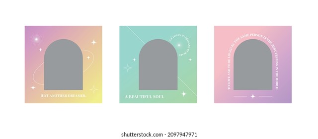 Set of graphic design frames with typography and gradient backgrounds and blank photo frames.