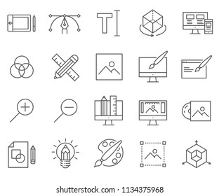 Set of Graphic design Related Vector Line Icons. Contains such Icons as palette, designer, outline, sketch and more. 