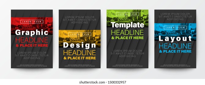 Set of Graphic Design template layout. Red, yellow, green, blue color stripe on black background for Brochure, Flyer, Poster, leaflet, Annual report, Book cover,  A4 size
