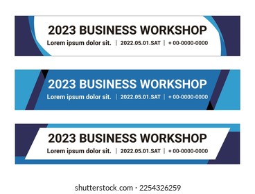 Set of graphic design templates for business, corporate, lecture, workshop, event banners in modern style on blue color background.