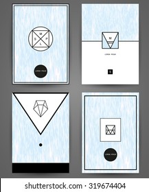Set of graphic design templates for poster, greeting card, banner, flayer, placard. Brochure abstract design with geometric logos. Concept design for product package. Marbling texture.