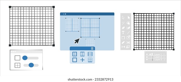 Set von Symbolen für Grafikdesign. Enthält Symbole wie Farbkarten, Tablette, Spray, Grafikprogramm, FTP und mehr. echte Illustrator-Design-Schnittstelle im Vektorformat, Illustrator-Fenster mit Symbolen. 1996