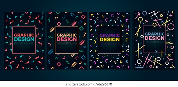Set of graphic design trendy and geometric backgrounds. Can be used as covers, placards, posters, flyers, banners, business cards, greetings cards, brochures, party invitations etc.