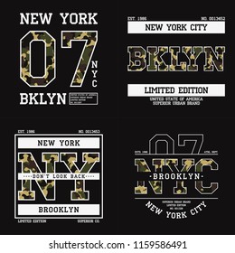 Set of graphic design for t-shirt with camouflage texture. New York tee shirt print with slogan. Brooklyn apparel typography with in military and army style. Vector illustration.