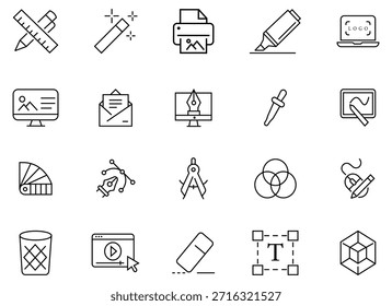 Conjunto de ícones da Web de design gráfico em estilo de linha. Contendo criatividade, pintura, web design, portfólio, impressão e muito mais. Ícones simples em um estilo plano moderno. Ilustração vetorial.