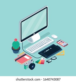 Set of graphic designer items and tools, office various objects and equipment.