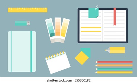 Set of graphic designer items and tools, office various objects and equipment. Vector illustration