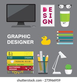 Set of Graphic designer staff and equipment. Computer, design books, cup, toy, poster, pen and pencils.