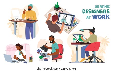 Set of Graphic Designers at Work. Creative Male and Female Characters Passionate About Design And Seeking New Challenges. People Working on Computers, Tablets and Laptops. Cartoon Vector Illustration