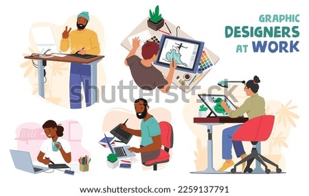 Set of Graphic Designers at Work. Creative Male and Female Characters Passionate About Design And Seeking New Challenges. People Working on Computers, Tablets and Laptops. Cartoon Vector Illustration
