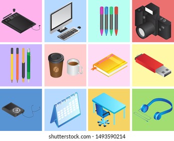 Set of Graphic designing tools on different color background.