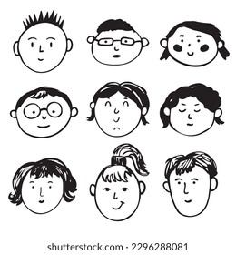 Conjunto de caras gráficas diferentes de las personas. Colección de doodles de rostros surrealistas