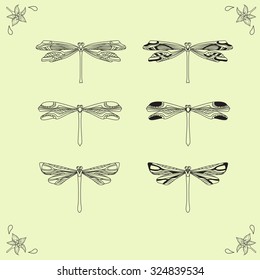 Set of graphic dragonflies. Vector illustration for design