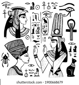 Set of graphic drawings of ancient egypt. Ancient culture. Egyptian pharaoh, egyptian queens, ancient symbols. Tourist attractions. Archeology and history. Hand drawn vector illustration.