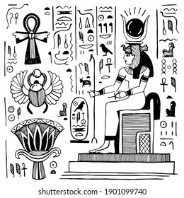 Set of graphic drawings of ancient egypt. Ancient culture. Picture on the wall of an Egyptian tomb. Egyptian goddess, hieroglyphs, scarab, ankh. Ancient art, tourist attractions. Archeology.