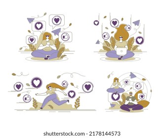 Conjunto de dibujos gráficos. El concepto de comunicación en las redes sociales. Persiguiendo me gusta. Ilustración vectorial.