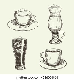 Set of graphic drinks include cup of cappuccino, latte, americano and glass with cola. Vector illustration used for advertising hot and cold beverages, coffee shop and logo design.