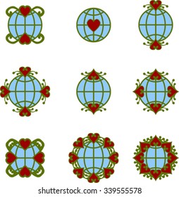Set of graphic earth with heart