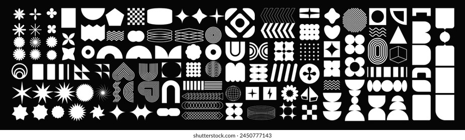 A set of graphic elements. Abstract geometric figures. Decorative minimalistic brutalist forms.